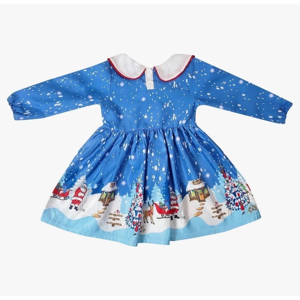 BaaBee Girls Christmas Dress 6-7T Blue Santa Reindeer Peter Pan Collar